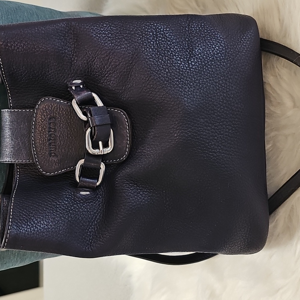 Puntotres Black Pebbled Leather Crossbody Meduim Size Purse. Made In Spain